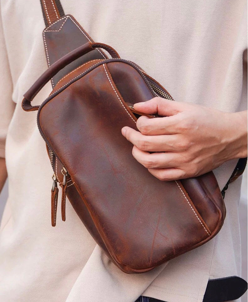 Brown Full Grain Leather Sling Bag for Men Small